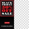 Black Friday sale post template. 50 percent price off. Social media square banner. Discount background, frame design. Vector Royalty Free Stock Photo